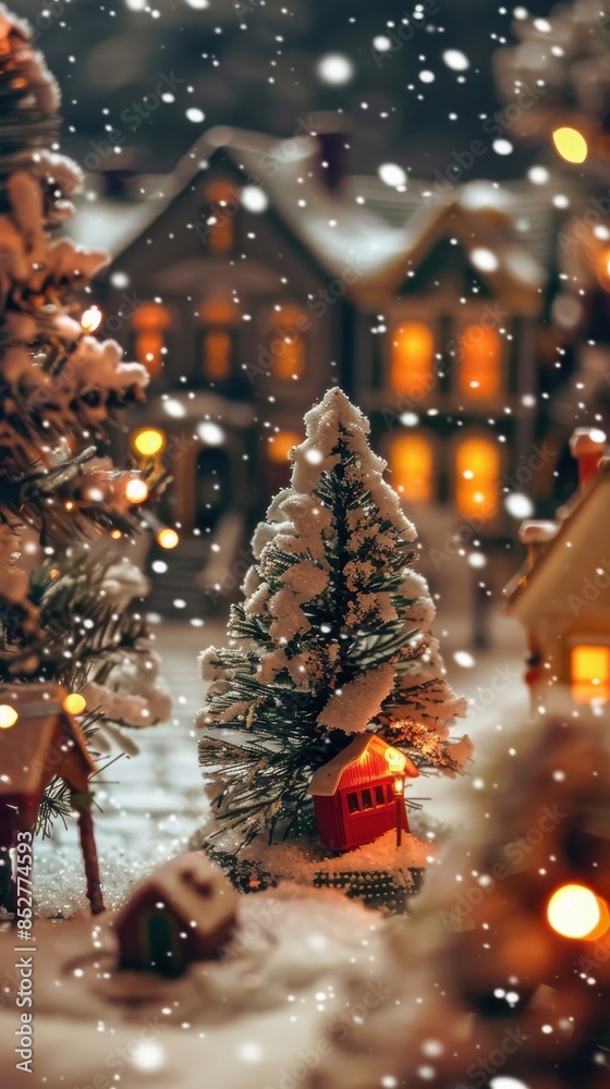 Poster A charming winter scene with a snowy Christmas tree, illuminated by warm lights, standing in front of a row of houses with glowing windows, all covered in a light snowfall.