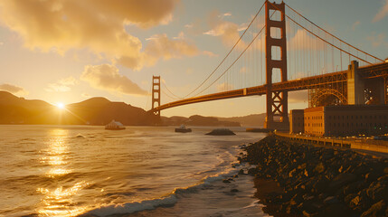 The majestic Golden Gate Bridge as seen from San Franciscos bustling waterfront.
