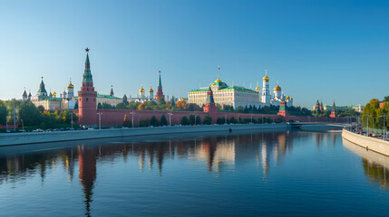 Obraz premium The majestic Kremlin overlooking the Moscow River under a clear blue sky.