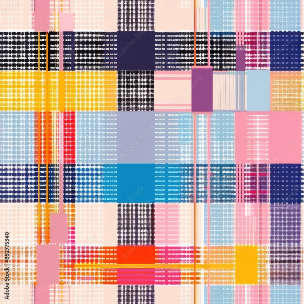 Poster An abstract digital pattern featuring a plaid background with various geometric shapes. The shapes are arranged in a grid-like pattern and feature a variety of colors, including red, blue, yellow, gre