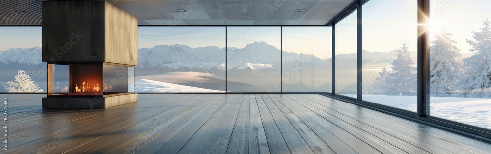 Poster a large open room with a fireplace and a view of mountains