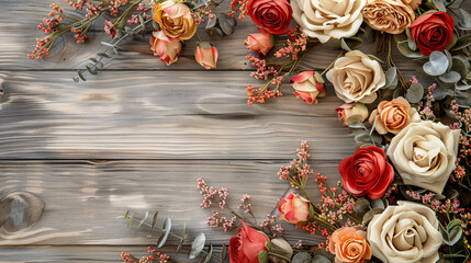 Creative event poster with custom text and vintage style, featuring flowers and wooden accents