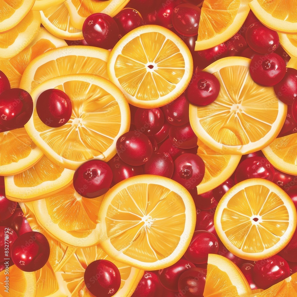 Poster A close up photograph of sliced oranges and cranberries. The image is a vibrant and colorful display of citrus fruits and berries. The oranges are sliced and arranged in a circular pattern, while the 