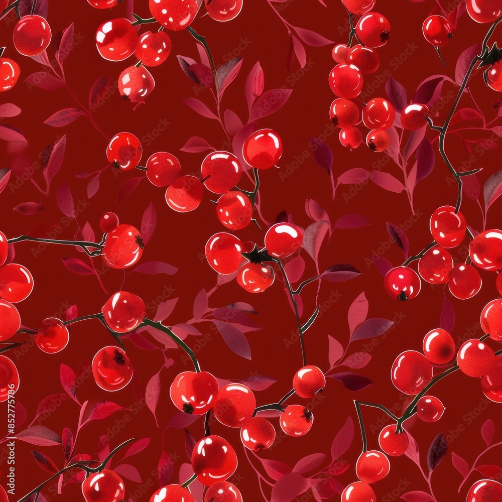 Poster a digital illustration featuring a repeating pattern of red berries and leaves on a dark red backgro