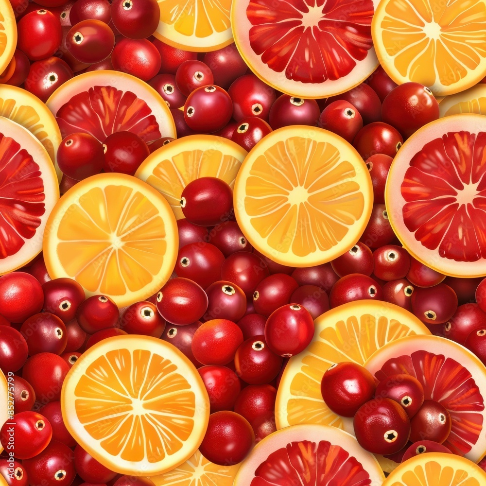 Poster A vibrant image featuring a close-up view of fresh, sliced orange, grapefruit, and cranberries. The citrus fruits are arranged in a circular pattern, creating a visually appealing design. The vibrant 