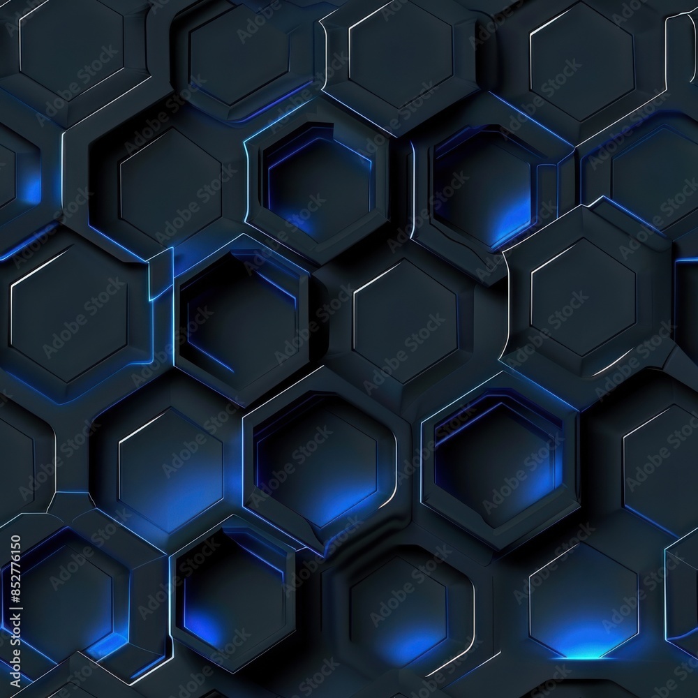 Poster a digital image of a 3d abstract pattern featuring a repeating pattern of black hexagons with blue g