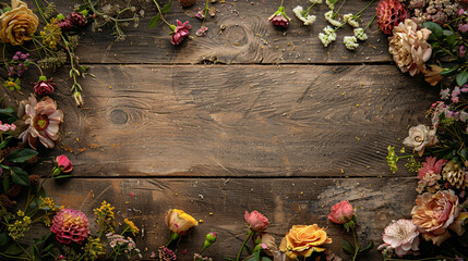 Creative event poster with custom text and vintage style, featuring flowers and wooden accents