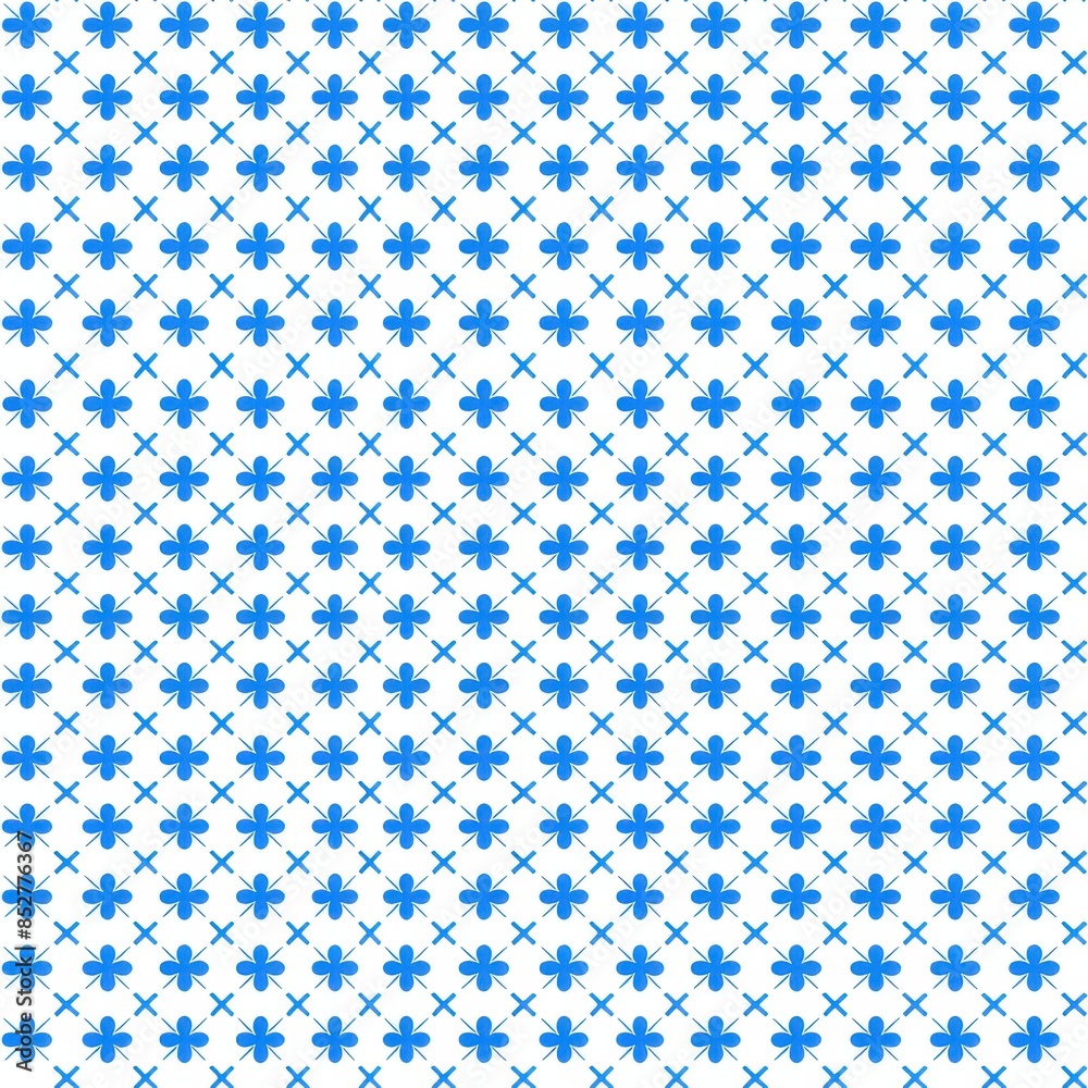 Poster This is a repeating pattern of blue flower and cross shapes on a white background. The pattern is simple and elegant, and it would be perfect for a variety of design projects.
