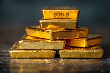 Stack of gold bars with text 999.9 fine gold