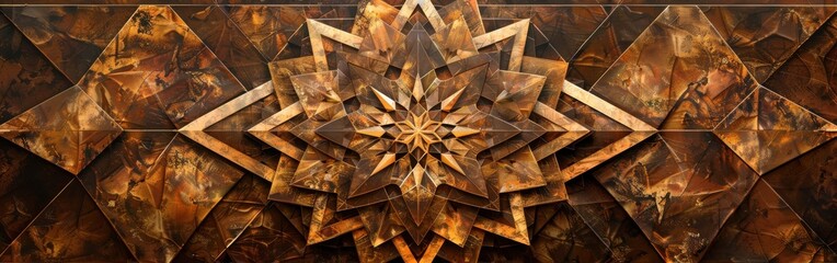 This image showcases a captivating abstract pattern featuring a central starburst composed of multiple overlapping geometric shapes. The pattern is rendered in shades of brown and gold, creating a war