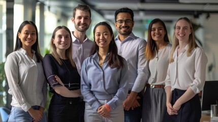 This image shows a diverse team of young professionals standing together in a modern office setting. The individuals are all dressed in business casual attire and are smiling at the camera. The image 