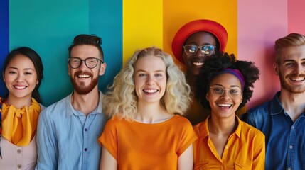 A group of six diverse friends stand together in front of a brightly colored wall. They are all smiling and looking at the camera. The friends are all different ages, races, and genders.