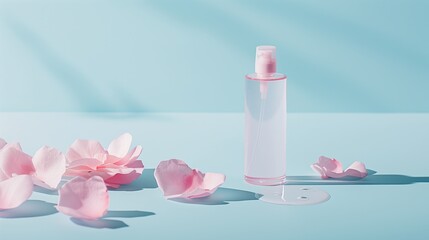 A bottle of toner with petals on each side on a pastel blue background with light pink accents.