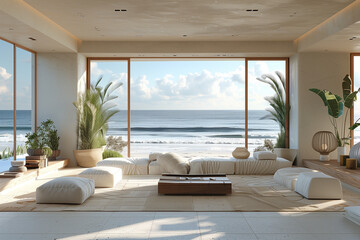 Elegant minimalist beachfront villa in Malibu with smooth wood accents, intricate details, and a serene atmosphere, highlighting the beauty of simplicity and thoughtful design for a tranquil living sp