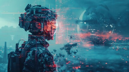 A digital illustration depicts a futuristic soldier clad in advanced combat gear, complete with a helmet featuring a digital overlay. They stand with a determined gaze, their focus directed towards a 