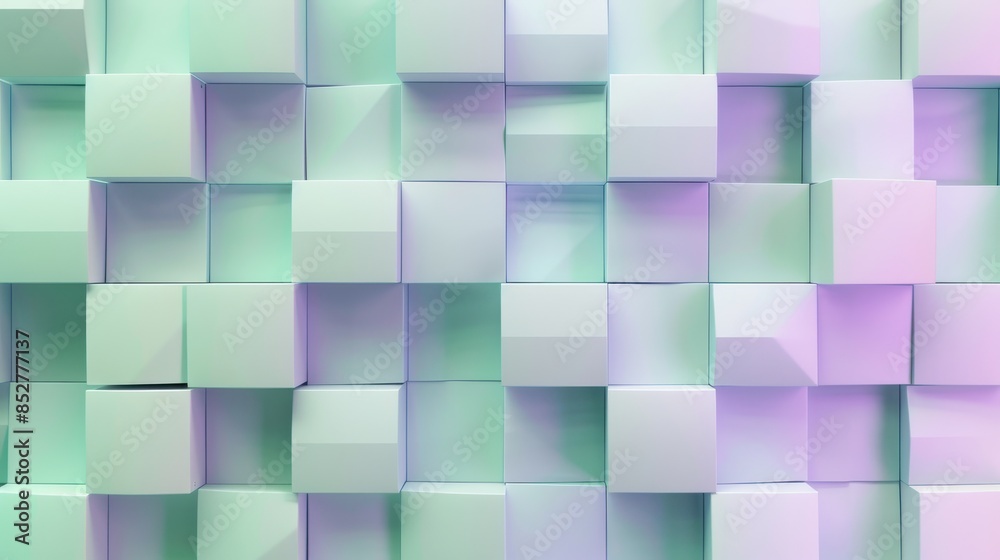 Poster A wall made of blocks in a green and purple color. The blocks are arranged in a way that creates a pattern. The wall appears to be a part of a futuristic or modern design