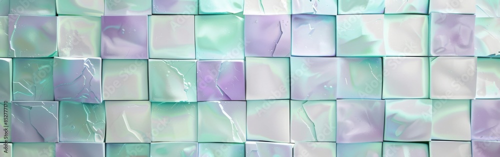 Poster A wall made of square tiles with a blue and purple color scheme. The tiles are arranged in a way that creates a sense of depth and texture. Scene is calm and serene, with the colors