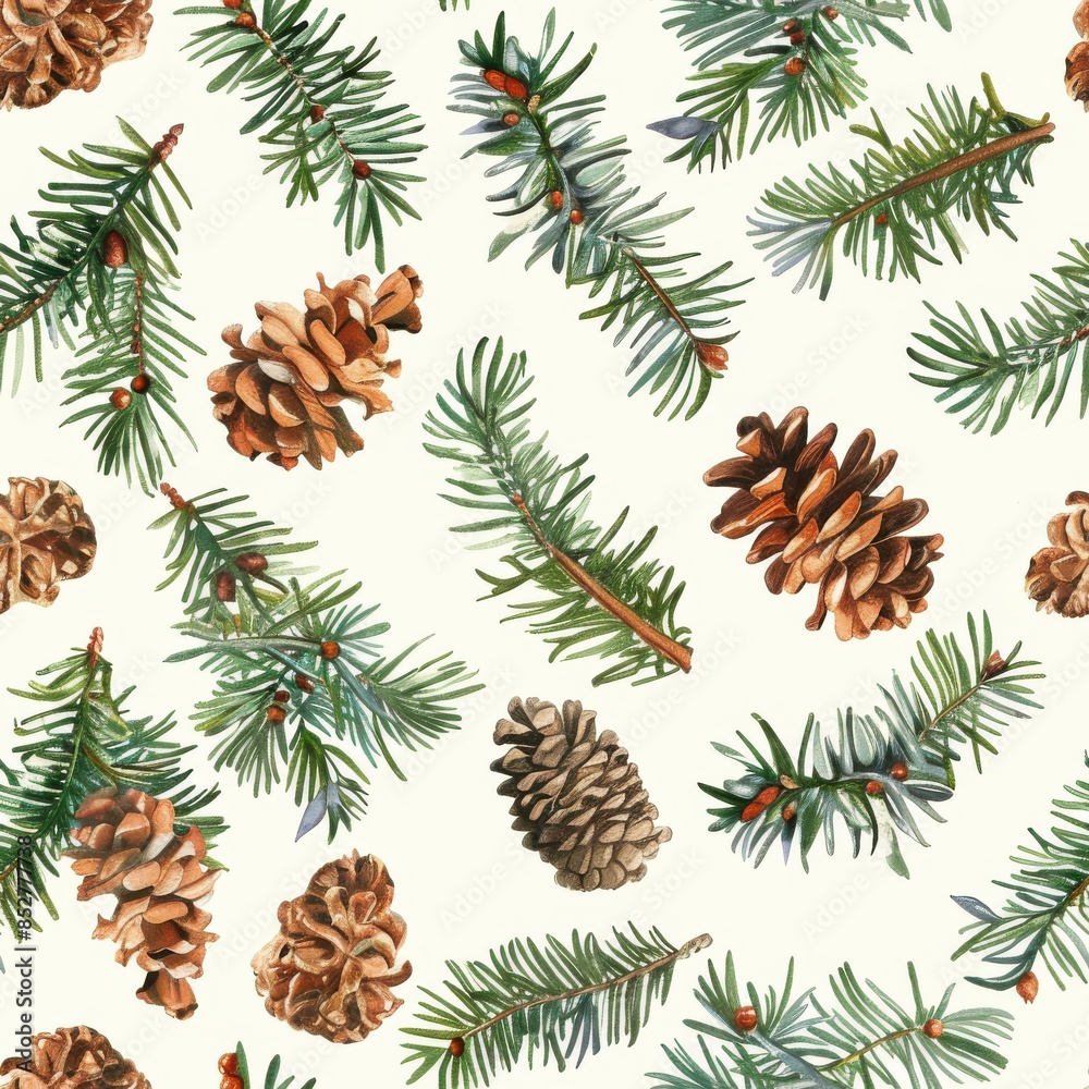 Poster a seamless pattern of watercolor illustrations depicting evergreen tree branches and pine cones on a