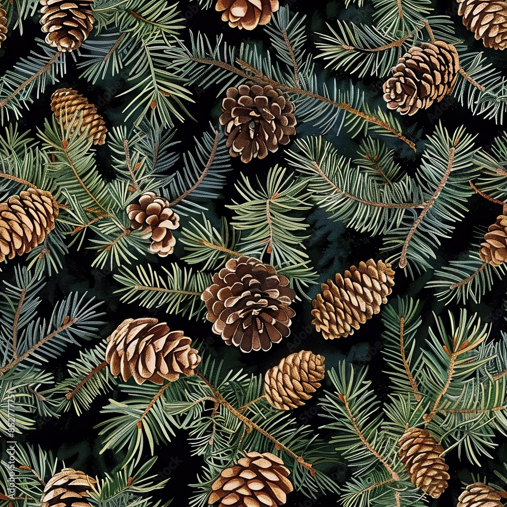 Poster This image showcases a seamless pattern of evergreen pine cones and branches on a black background. The pattern features realistic illustrations of pine cones in various sizes and orientations, inters