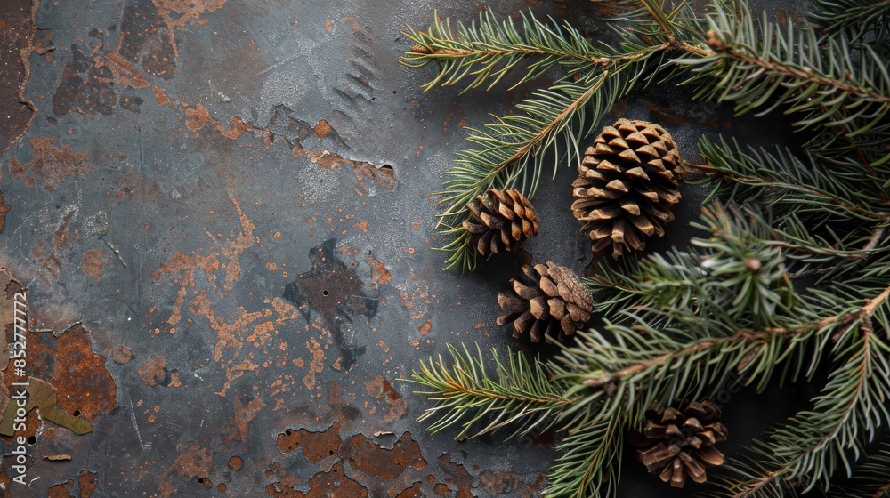 Poster a close-up shot of a pine branch with brown cones on a distressed, textured metal surface. the branc