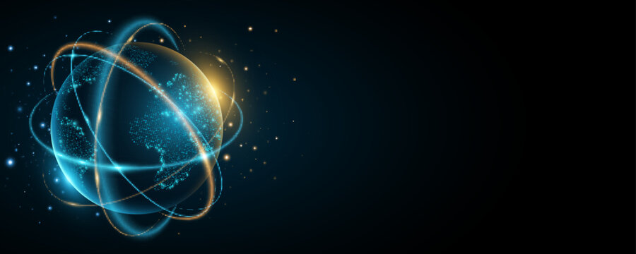 Futuristic planet Earth with digital glowing map of dots. Abstract rings in the orbit with stars on dark background. Global communication system. Vector illustration. EPS 10.