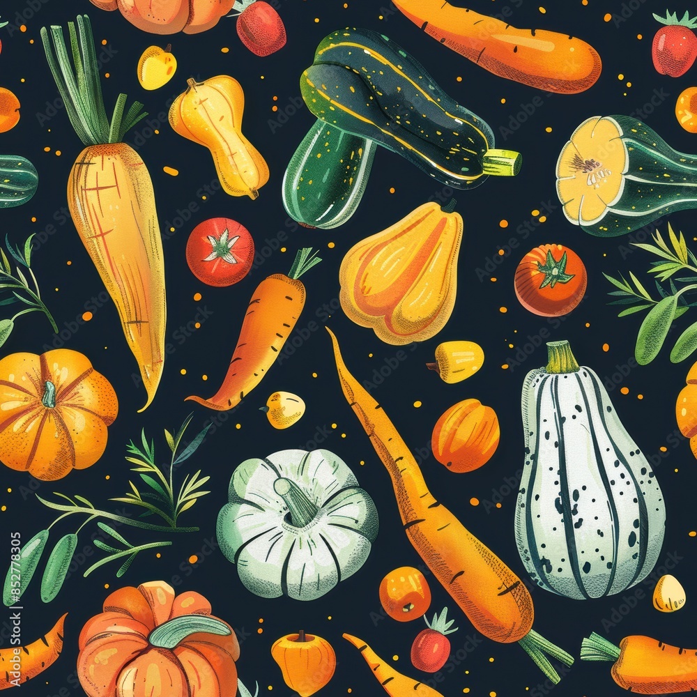 Aufkleber this image is a vibrant and colorful seamless pattern featuring a variety of vegetables, including p