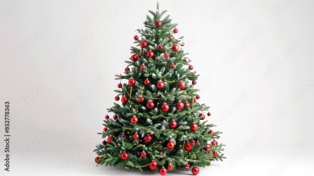Poster this is a photo of a decorated christmas tree with red ornaments and lights. the tree is standing on