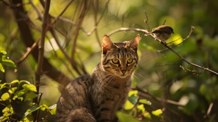 A cat sitting in a tree with bird on branch, AI