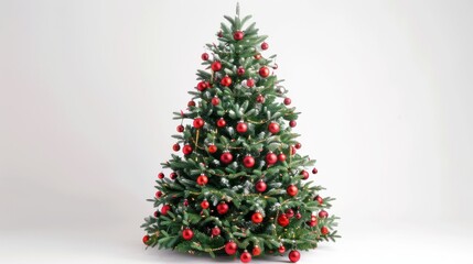 This is a photo of a decorated Christmas tree with red ornaments and lights. The tree is standing on a white background. The ornaments are scattered throughout the tree, and the lights are twinkling.