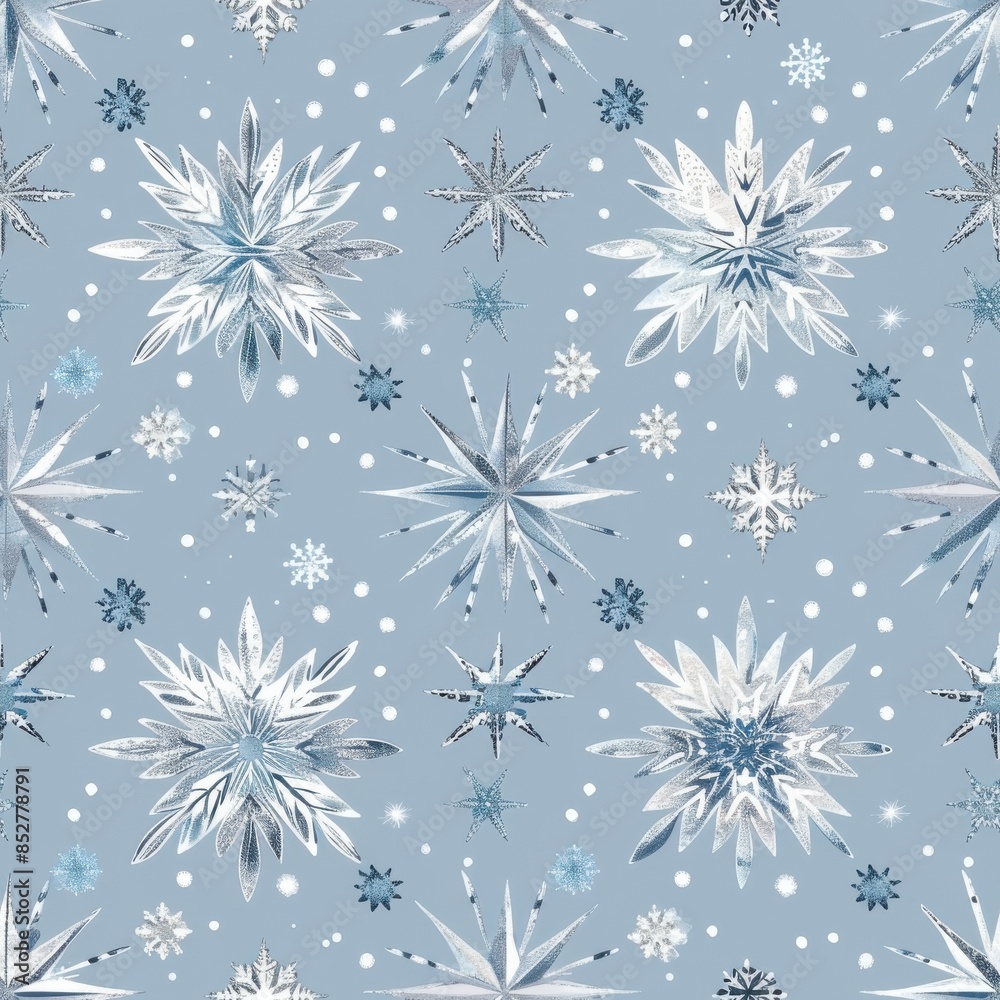Poster This image depicts a seamless pattern of silver and blue snowflakes and dots on a light blue background. The snowflakes are of various sizes and shapes, and some have a starburst effect. The pattern i