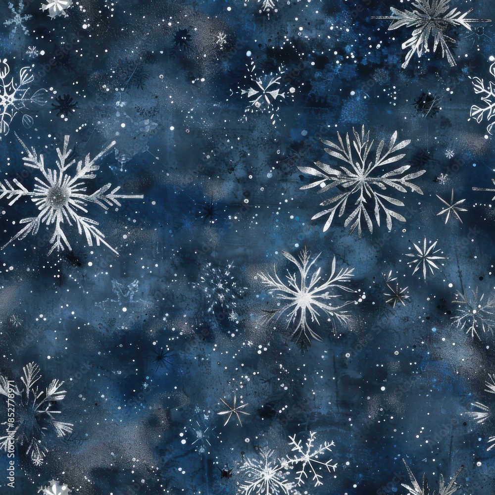 Poster This image showcases a hand-painted pattern of intricate white snowflakes on a dark blue background. The snowflakes are of various sizes and shapes, creating a whimsical and festive winter scene. The 