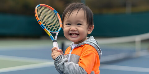 Smiling child with tennis racket on court