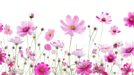 Fototapeta premium This image features a vibrant cluster of pink cosmos flowers in bloom against a clean white background. The flowers are in various stages of opening, showcasing their delicate petals and bright yellow