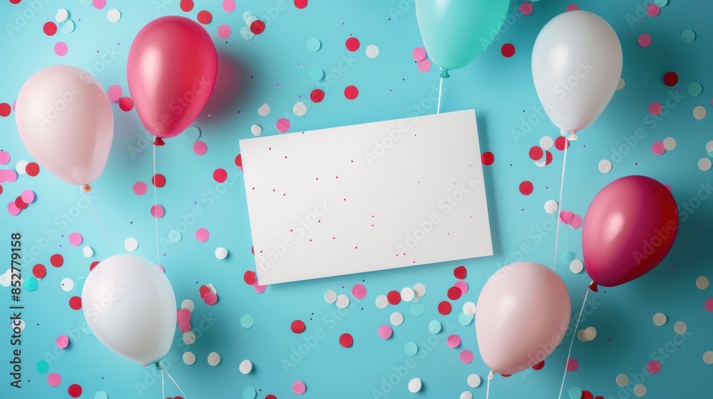 Poster This image shows a collection of colorful balloons and confetti scattered across a bright blue background. There is a white card in the center of the image with plenty of space for text. The balloons 
