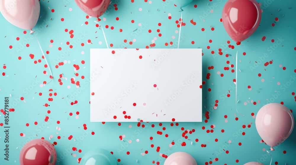 Poster A white card with blank space sits on a turquoise background. It is surrounded by red and pink balloons and red confetti. The balloons are attached to strings, and some of the confetti is falling.
