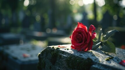 In accordance with religious custom a single flower is placed at the grave in the cemetery as a symbol of remembrance for a departed loved one A crimson rose was tenderly placed on the grav