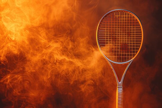 Tennis racket with fiery effects on dark background
