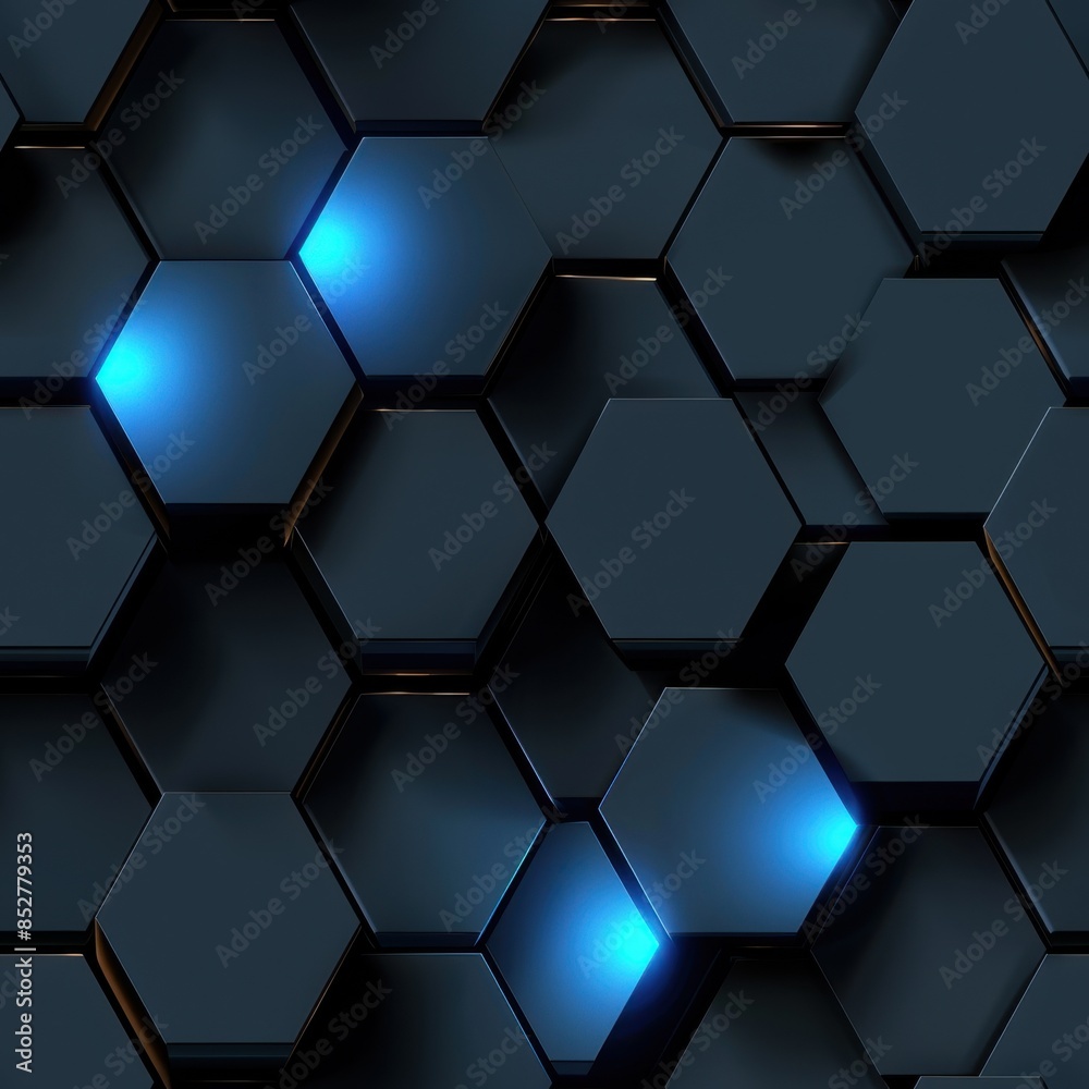 Leinwandbilder This image features a close-up of a geometric pattern made up of dark blue hexagons with bright blue lights emanating from several of the hexagons. The hexagons appear to be three-dimensional and are 