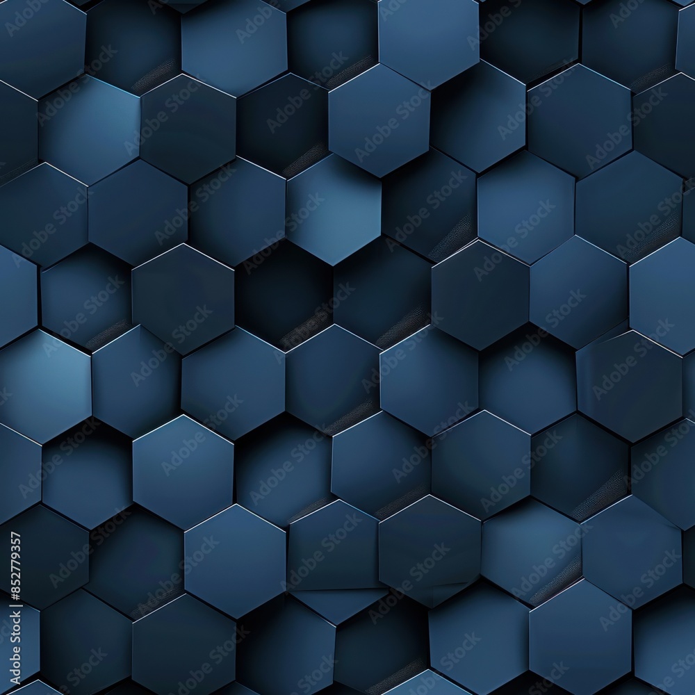 Poster A close-up view of a repeating pattern of blue hexagonal shapes. The hexagons are 3D, with slight shadows and highlights, creating a subtle depth and texture. The color palette is a deep, rich blue, g