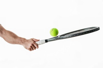 Hand hitting tennis ball with racket on white background