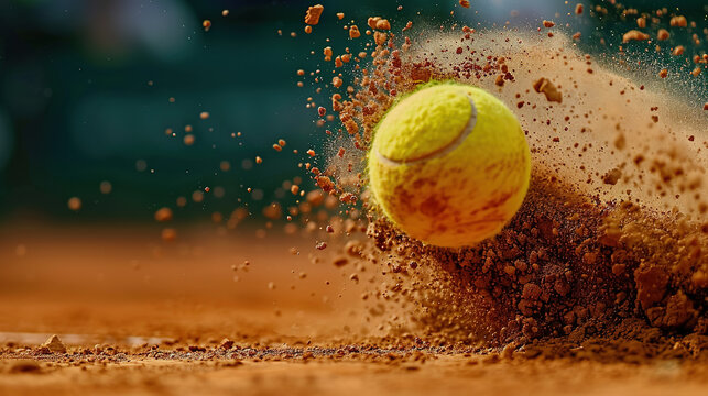 Dynamic tennis ball hitting clay court with flying dirt particle