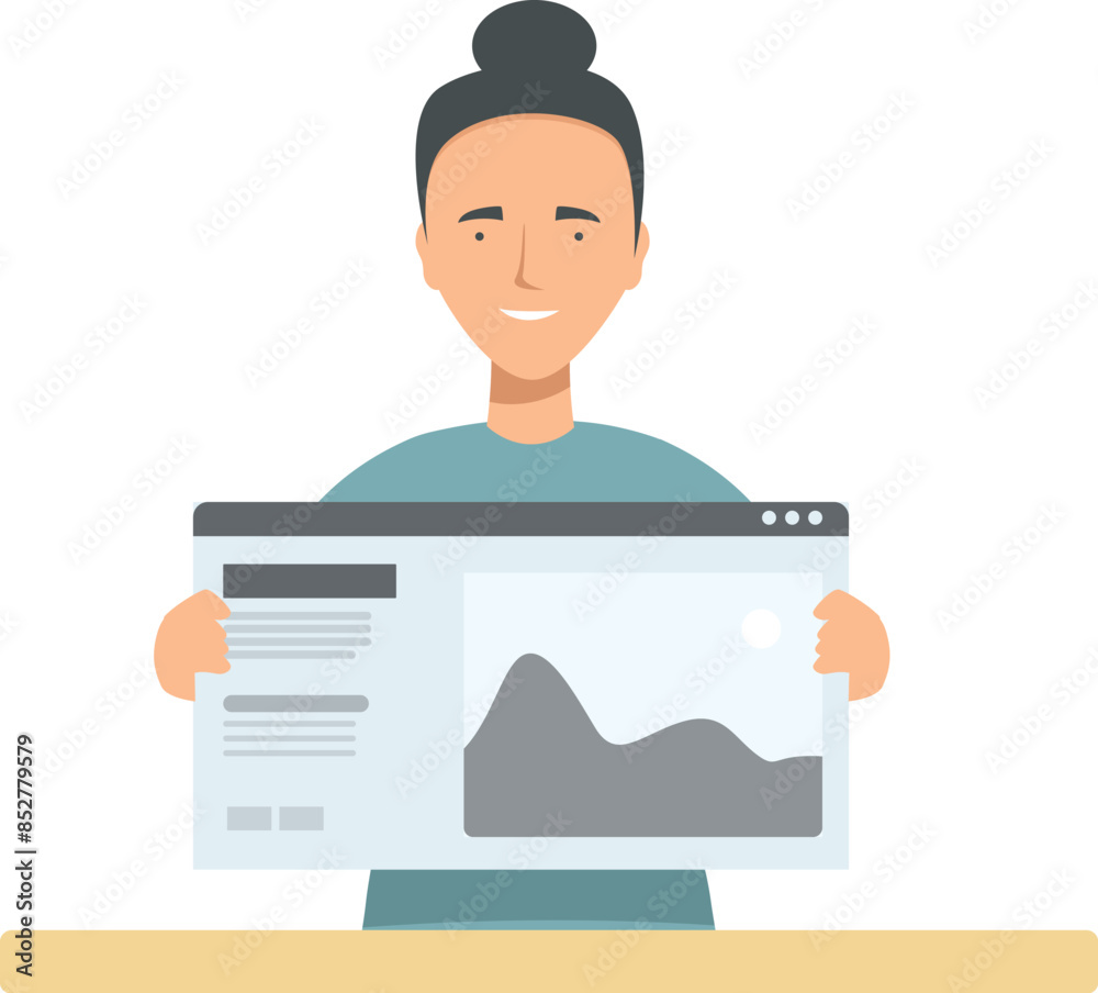 Poster web designer is holding a computer screen and showing a website layout