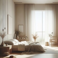 A peaceful modern bedroom bathed in soft morning light, featuring a cozy bed, stylish decor, and large windows with sheer curtains. The minimalist design and neutral tones create a calming and serene