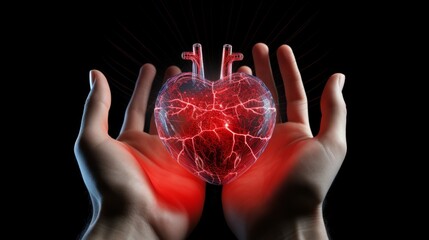 Hand holding holographic heart with cardiogram, futuristic medical technology concept