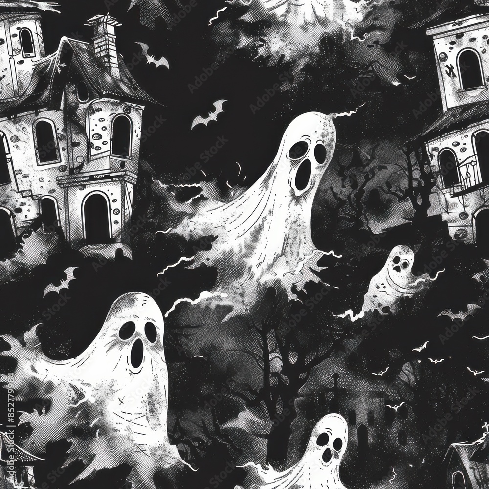 Poster a black and white illustration featuring several ghosts flying through the air in front of spooky ha