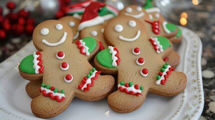 A close-up image of several gingerbread cookies decorated with green, white, and red icing and candy. The cookies are arranged on a white plate with a beaded rim, and the background is blurry, focusin