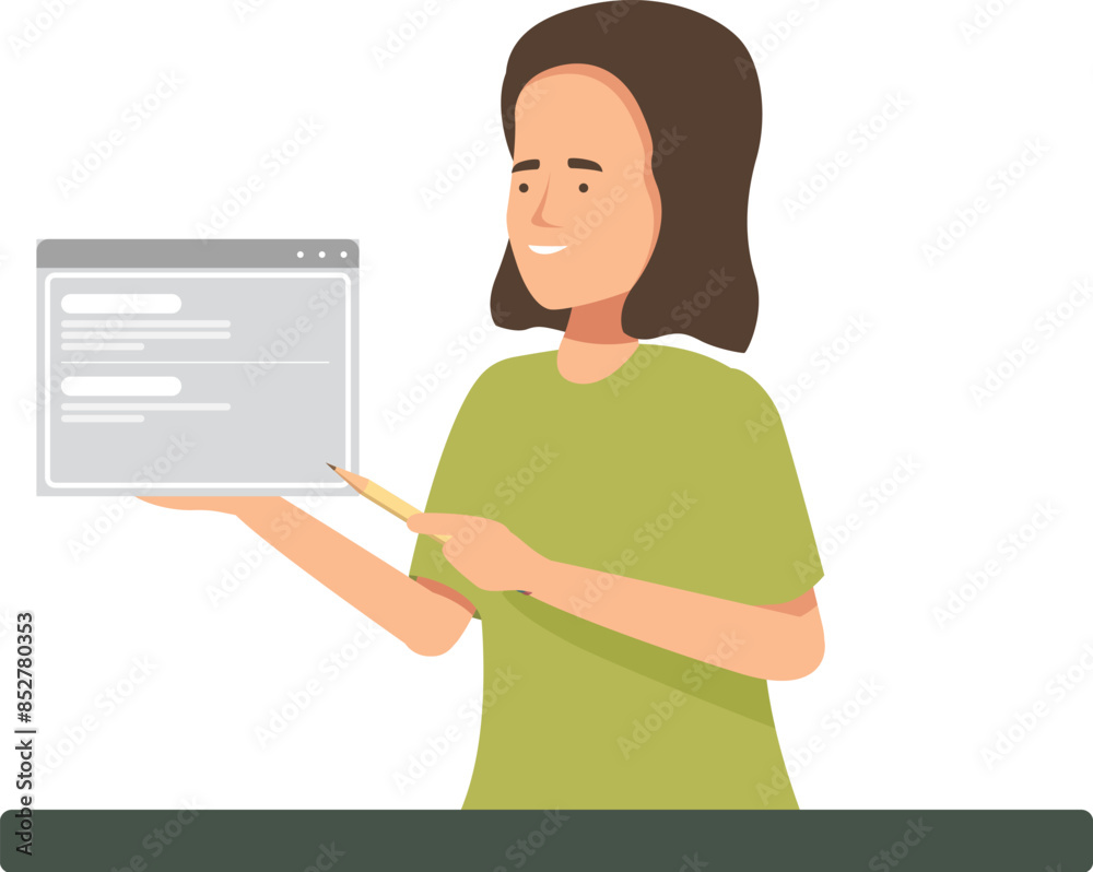 Poster web designer is presenting a website layout and pointing on the screen with a pencil