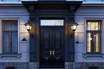 Naklejka premium Front doors exterior with a wall lamps