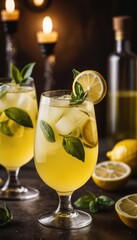Fototapeta premium Lemonade with ice and lemon slices served in a wine glass, capturing the essence of summer relaxation and refreshment