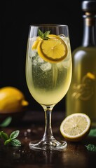 Fototapeta premium A refreshing glass of lemonade with slices of lemon floating inside, perfect for a hot summer day, set on a rustic wooden table